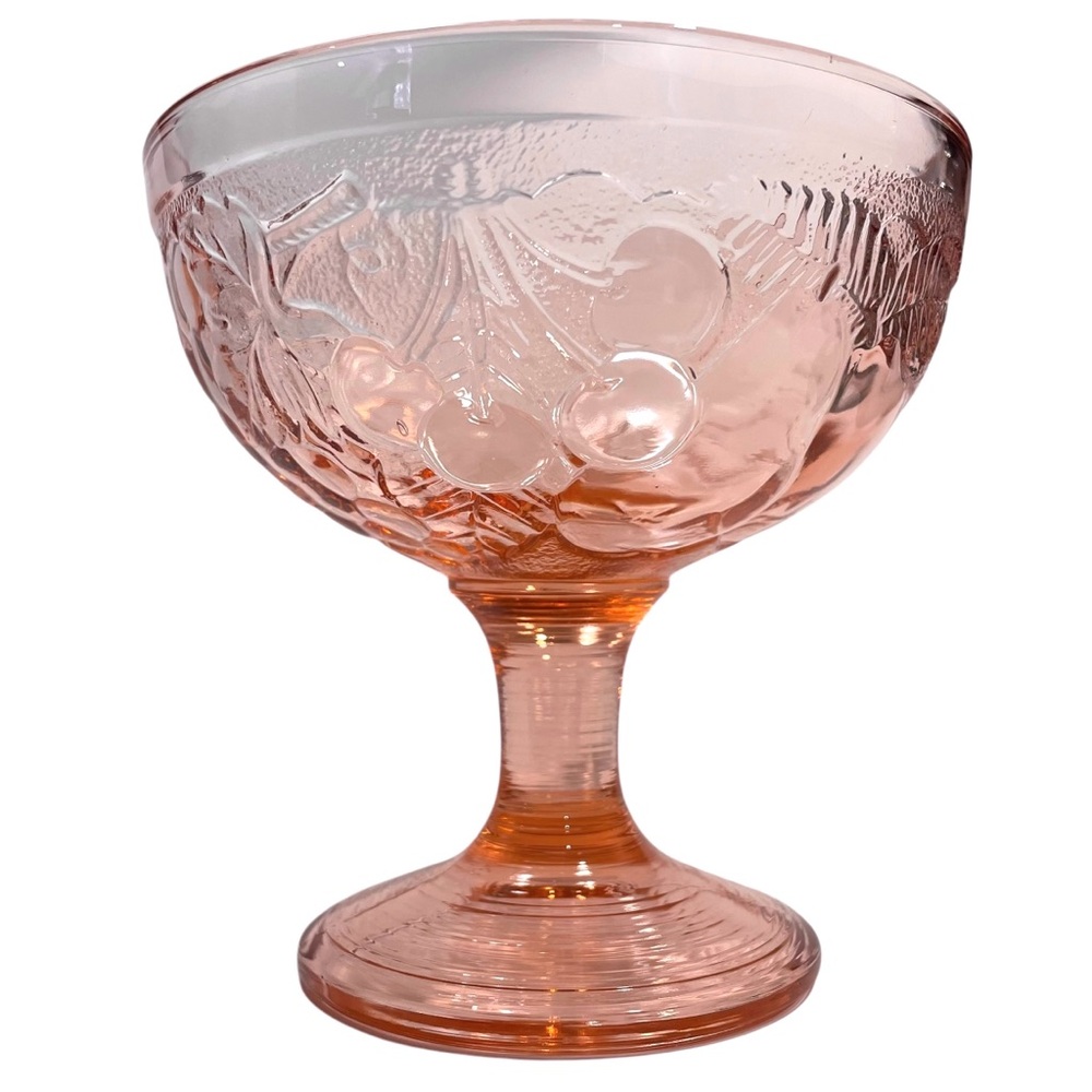 Vintage 1970s Arcoroc France Pink Pressed Glass Compote w/ Embossed Fruit Motif